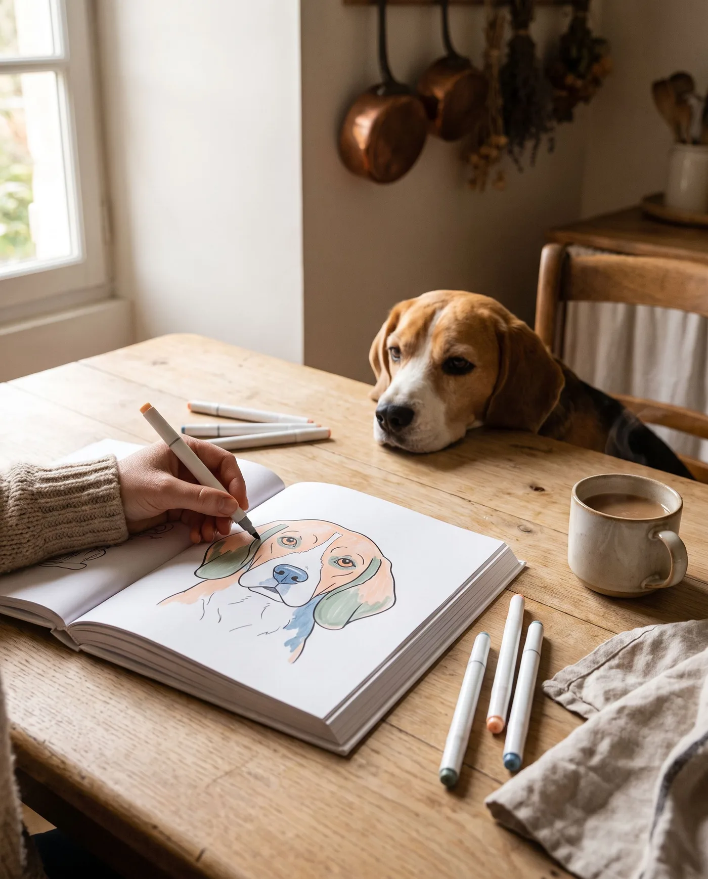 Un livre de coloriage ouvert sur la page d'un beagle, colorié aux feutres, pendant que le beagle regarde